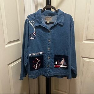 Vintage Denim Button-Down Shirt Jacket with Nautical Embroidery - Blue